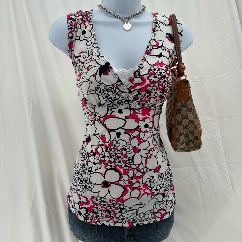 Babydoll Silhouette Y2K Pink and Black Floral Sleeveless Blouse